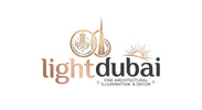 Light Dubai logo featuring a gold chandelier and Burj Khalifa icon, a gold sunburst, and the words 'lightdubai' with 'FINE ARCHITECTURAL ILLUMINATION & DECOR' on a white background.