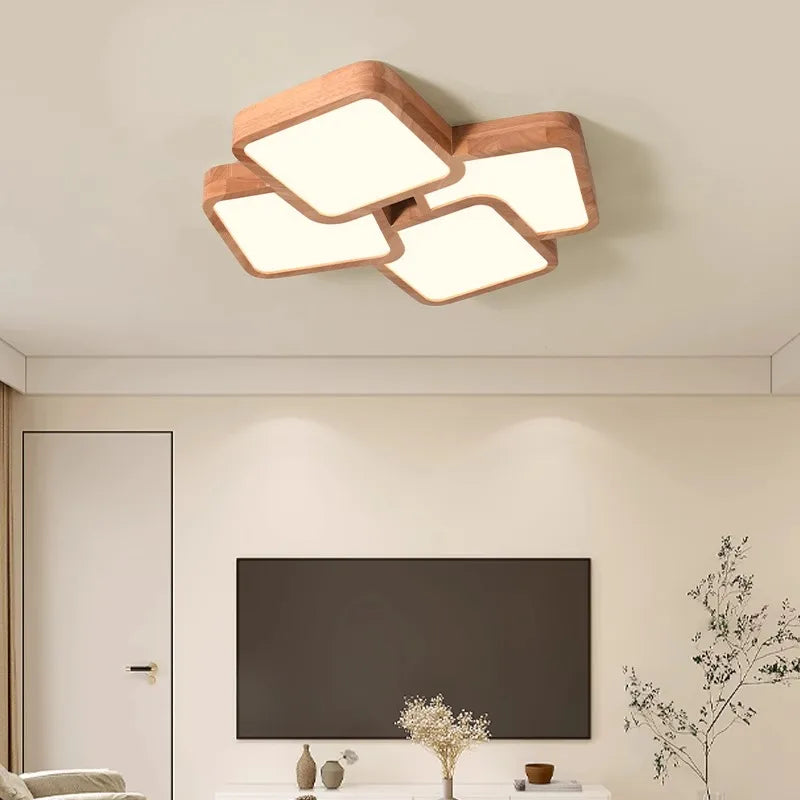 Led Light Lamp Living Room Light Nordic Wood Wind Suction Ceiling Light Solid Wood Creative Geometric Square Hall Main Light