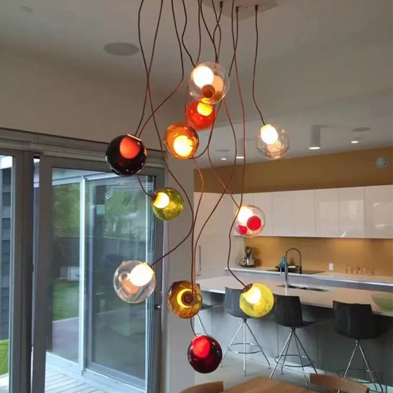 Modern LED home interior lighting ceiling chandelier, coloured glass lustre, dimmable, suitable for living room and staircase