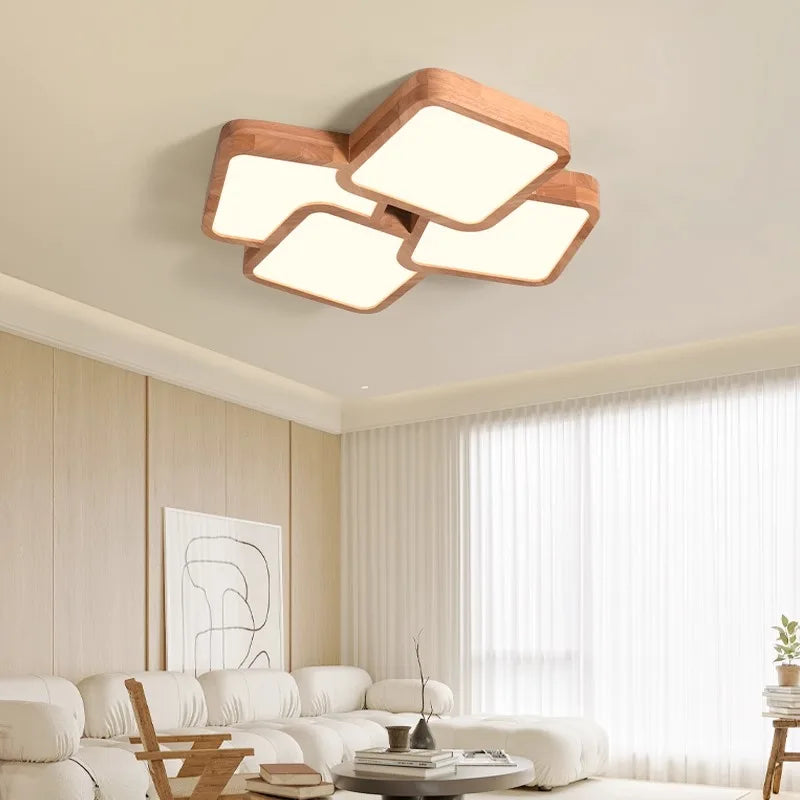 Led Light Lamp Living Room Light Nordic Wood Wind Suction Ceiling Light Solid Wood Creative Geometric Square Hall Main Light