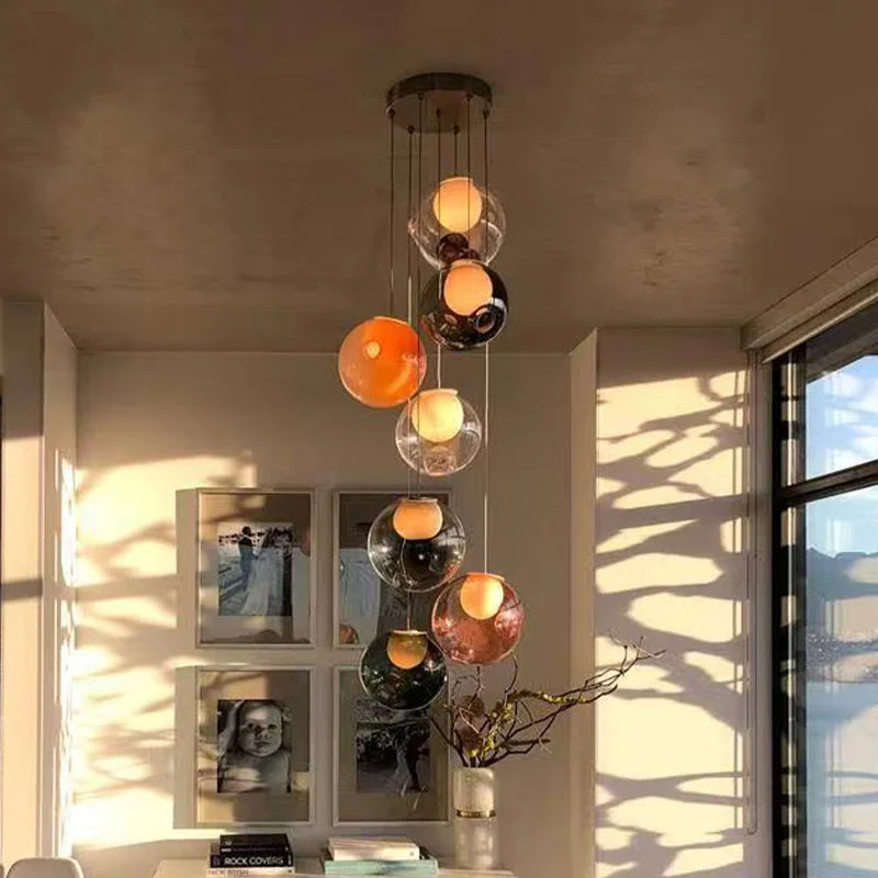 Modern LED home interior lighting ceiling chandelier, coloured glass lustre, dimmable, suitable for living room and staircase