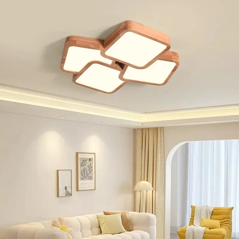 Led Light Lamp Living Room Light Nordic Wood Wind Suction Ceiling Light Solid Wood Creative Geometric Square Hall Main Light